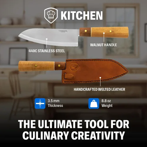 Vista 3 de Condor Cuchillo Santoku de cocina Kondoru Tool & Knife Cuchillo de pelar de acero inoxidable 440C con mango de nogal Cuchillo de cortar