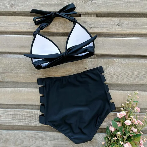 Vista 23 de SPORLIKE - Traje de baño de cintura alta para mujer, bikini de dos piezas con control de abdomen y parte superior triangular