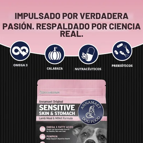 Vista 3 de Annamaet Original Sensitive Skin & Stomach - Alimento seco para perros (cordero, pescado blanco y mijo), bolsa de 5 libras