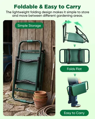 Vista 7 de Saker Taburete de jardín con soporte resistente de 400 libras, asiento de jardín plegable para plantar malezas, prácticos accesorios de jardinería