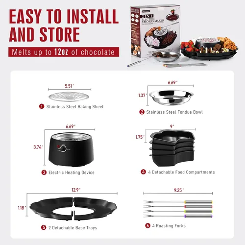 Vista 6 de Máquina eléctrica S'mores 2 en 1 y olla para fondue, kit de mesa para interiores con 4 tenedores para asar, 4 bandejas desmontables y 1 calentador