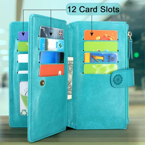 Vista 4 de Harryshell Funda de cuero desmontable con cremallera magnética con bolsillo para monedas, 12 ranuras para tarjetas, correa de muñeca para Samsung