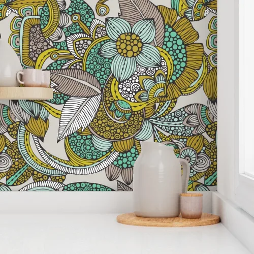 Vista 8 de Muestras de papel tapiz para despegar y pegar, mostaza, menta, flores, garabatos, líneas, puntos, círculos, estilo vintage, bohemio, papel tapiz