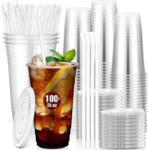 Vista 10 de Eaasty Juego de 50 vasos de plástico transparente de 20 onzas con cuchara, pajitas y tapas planas, desechables, para café helado, postre, yogur