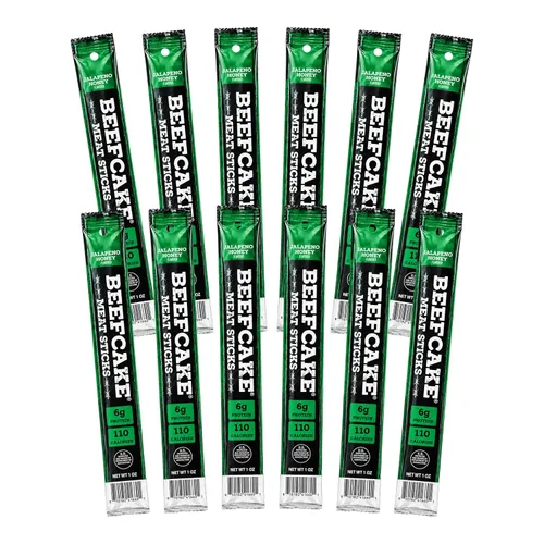 Vista 17 de Beefcake Jerky Barras de carne seca de jalapeño y miel, bocados proteicos de calor dulce, 9g de proteína, 3 barras