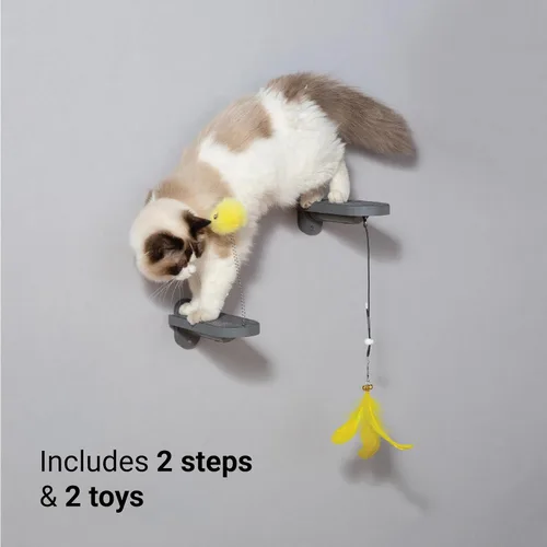 Vista 4 de SVD.PET Escalones de pared para gatos (paquete de 2), escaleras para subir con almohadilla de fieltro reemplazable, estantes para gatos con juguete