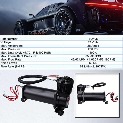 Vista 8 de Compresor de aire ultra silencioso, 1/4 NPT, súper silencioso, 69 dB, 12 V, compresor de suspensión de aire de 300 PSI para tren/camión/coche, negro