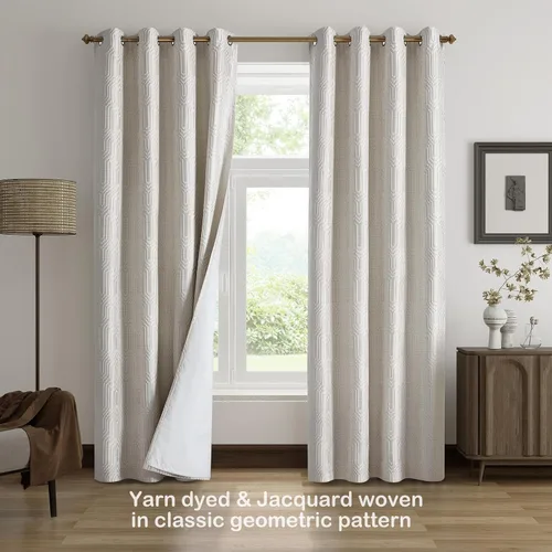 Vista 2 de Cortinas de patrón geométrico jacquard 100% opacas beige y plateado, 42 pulgadas de ancho y 63 pulgadas de largo, 2 paneles con aislamiento térmico