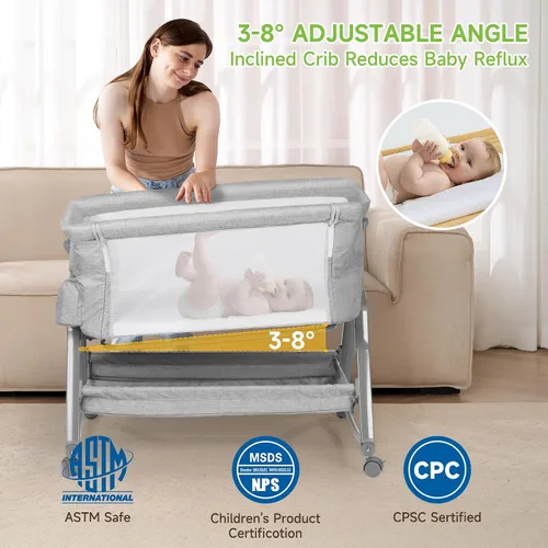 Vista 2 de Real Relax Moisés para bebé, cuna 3 en 1 con cesta de almacenamiento y ruedas, moisés mecedora fácil de plegar para cama lateral, altura ajustable