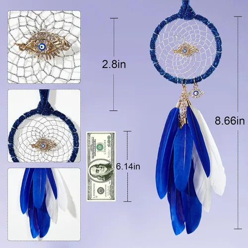 Vista 6 de Mini atrapasueños – Mal de ojo con pluma de ganso, franela violeta azulado, pequeño atrapasueños hecho a mano para dormitorio, un atrapasueños