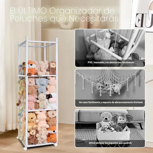 Vista 3 de Almacenamiento de animales de peluche para niños, almacenamiento de zoológico de animales de peluche de madera con ruedas de freno, organizador