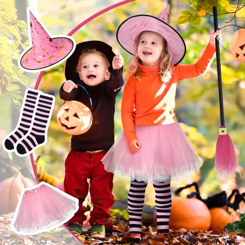 Vista 6 de Panitay Disfraz de bruja de Halloween para niñas pequeñas, incluye sombrero tutú rosa escoba y calcetines