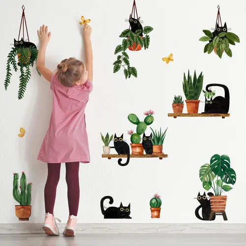 Vista 3 de Yovkky Calcomanías de pared de plantas en maceta de gatos negros, caricaturas, gatito, bonsái, guardería, sala de juegos, decoración de cactus