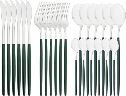 Vista 25 de Juego de cubiertos de acero inoxidable 18/0 con espejo, 24 piezas, incluye cuchillo, tenedor, cuchara, cucharadita, cubiertos para el hogar, Dorado