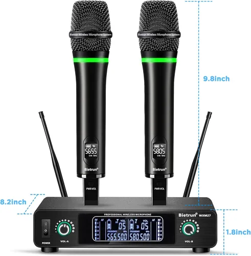 Vista 9 de Bietrun Micrófono inalámbrico, sistema de micrófono dinámico inalámbrico dual UHF inalámbrico de metal recargable para karaoke, reuniones, fiestas