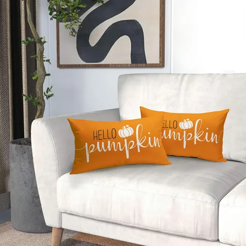 Vista 6 de Juego de 2 fundas de almohada lumbar de otoño de 12 x 20 pulgadas, fundas de almohada rectangulares decorativas de otoño de lino naranja, juego de 2