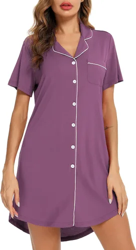 Vista 4 de Pjmlifecoco Camisones de manga corta con botones para mujer, ropa de dormir suave, vestido de pijama S-XXL