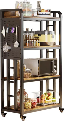 Vista 3 de Estante de cocina para panaderos con toma de corriente, con estantes para panaderos de tablero de clavijas, soporte para microondas