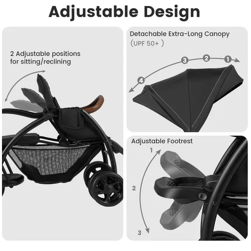 Vista 4 de INFANS Cochecito doble sentado y de pie, tándem plegable con respaldo reclinable de plataforma de pie, manillar y reposapiés ajustables, cesta