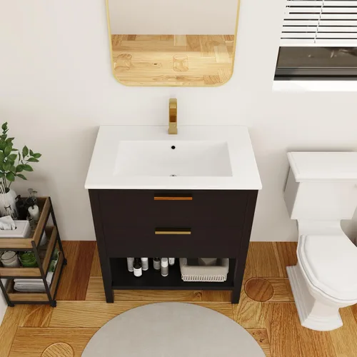 Vista 9 de Tocador de baño negro de 30 pulgadas con fregadero, tocador de baño independiente, tocador de baño, armario de tocador, 2 cajones y 1 estante abierto