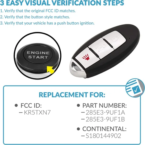 Vista 4 de Keyless2Go Reemplazo para llave inteligente de proximidad de 3 botones para Nissan KR5TXN7 285E3-9UF1A