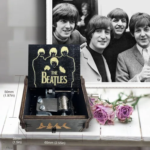 Vista 5 de veratwo Regalos de The Beatles - Caja de música de madera vintage grabada con manivela, regalo de colección favorito de los fanáticos de The Beatles