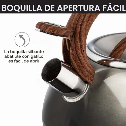Vista 4 de Tetera silbante Primula Avalon, con boquilla silbante, con tapa de boquilla segura Acabado gris y madera
