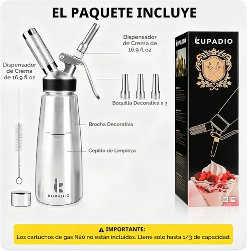 Vista 5 de Dispensador de crema batida, 16.9 fl oz (1 pinta), batidora de crema de acero inoxidable 304 con 3 boquillas y cepillo de limpieza