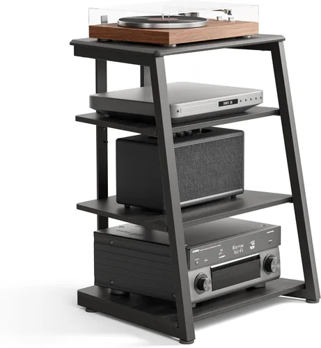 Vista 11 de FITUEYES Diseño de 4 niveles, estante de esquina para reproductor de discos, gabinete de madera para equipo de audio, torre de estantes con altura