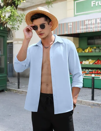 Vista 3 de COOFANDY Camisas de lino de manga larga con botones para hombre