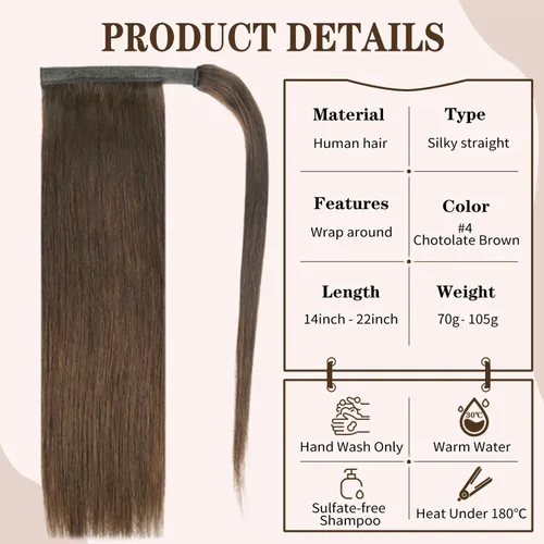 Vista 2 de Extensión de cola de caballo de cabello humano #4 marrón chocolate 100% Remy, extensión de cola de caballo recta envolvente alrededor de colas