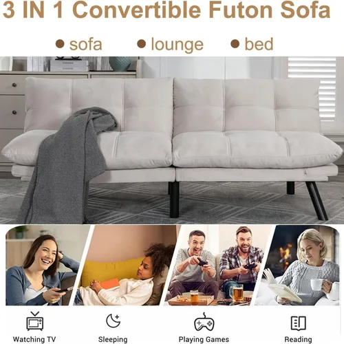 Vista 4 de Sofá cama futón, sofá futón plegable convertible, sofá pequeño transpirable para estudio compacto en sala de estar y dormitorio, oficinas, sofá Beige