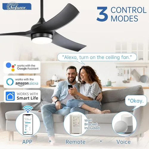 Vista 2 de Sofucor Ventilador de techo inteligente de 52 pulgadas, funciona con aplicación/Alexa/Google, ventilador de techo negro para exteriores con control