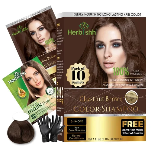 Vista 14 de Herbishh Dark Brown Travel Pack Champú Color 1 fl oz + Máscara de Argán 0.8 #Marrón oscuro