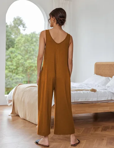 Vista 5 de Ekouaer Overol sin mangas para mujer, cuello redondo, casual, holgado, pierna ancha, elástico, con bolsillos