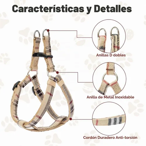 Vista 3 de Juego de arnés para perro con correa y collar de corbatín - Arnés para cachorro a cuadros beige, a prueba de escape, chaleco ajustable sin tirones