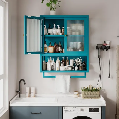 Vista 4 de Armario de pared de baño con 2 puertas de vidrio, botiquín de baño con barra de toallas y estantes, gabinete de almacenamiento sobre el inodoro