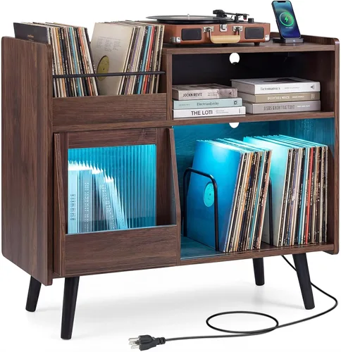 Vista 11 de GIANTEX Soporte grande para tocadiscos con luz LED y puerta corredera Negro
