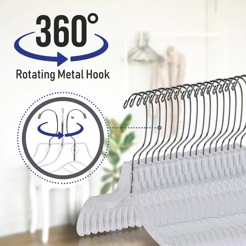 Vista 4 de Paquete de 25 perchas de plástico de 17 pulgadas, perchas transparentes para ropa, plástico resistente, perchas para adultos con ganchos giratorios