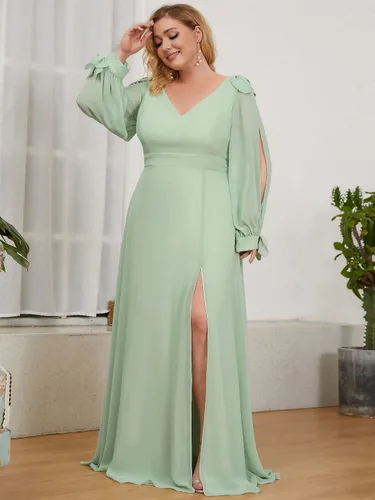 Vista 3 de Ever-Pretty Vestido formal de gasa de manga larga con abertura lateral 80116