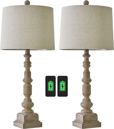 Vista 8 de Oneach Juego de 2 lámparas de mesa USB vintage de 27.75 pulgadas para sala de estar, dormitorio, lámpara tradicional de mesita de noche con doble
