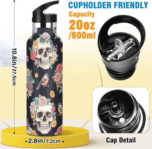 Vista 2 de Water Bottle for Kids with Straw, Stainless Steel Water Bottle for Travel or School 20 Oz, BPA-Free, Human Skulls Colorful Flowers