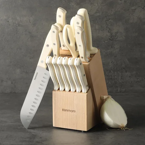 Vista 6 de Kenmore Kane - Juego de 14 cuchillos de cocina de acero inoxidable, asas ABS de triple remache, blanco crema, para chef, pan, utilidad, pelar