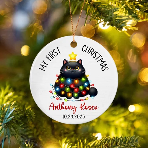 Vista 4 de Adornos de cerámica personalizados con texto en inglés «My First Christmas», bonito adorno de Navidad de gato para bebés, niños, primer recuerdo
