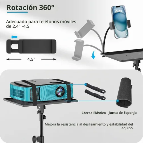 Vista 4 de Soporte para proyector con ruedas, trípode para laptop de 29 a 69 pulgadas con bandeja para mouse, soportes de DJ de altura ajustable con soporte