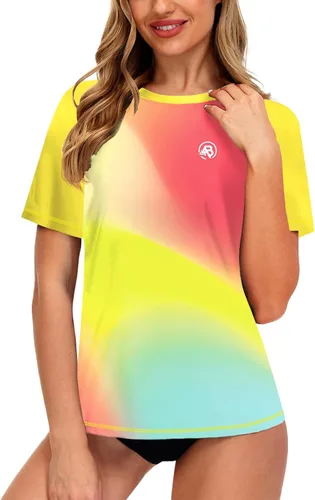 Vista 75 de AOBUTE Camisetas de natación de manga corta para mujer con protección solar degradada