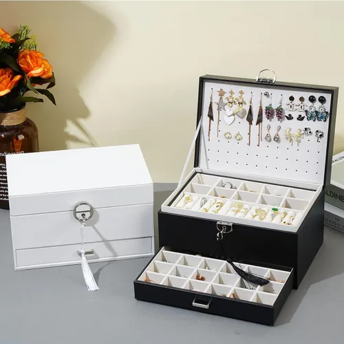 Vista 6 de BOOVO Joyero de gran capacidad para mujeres y niñas, organizador de pernos de 5 capas, caja organizadora de joyas con cerradura para aretes