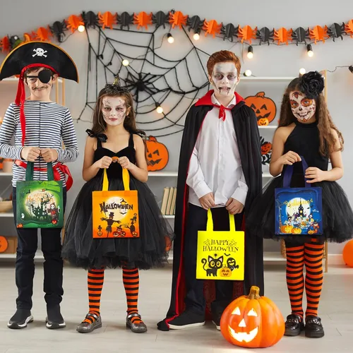 Vista 5 de Sweetude 50 bolsas de Halloween para dulce o truco, bolsas de regalo de Halloween a granel con asas para fiesta, reutilizables, bolsa de dulces