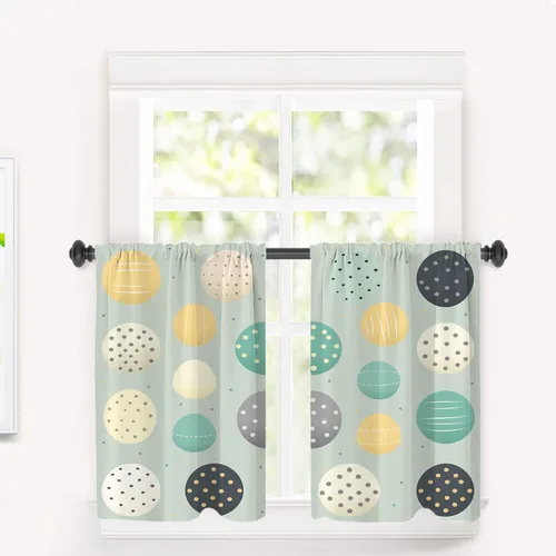 Vista 49 de Cortinas geométricas de cocina para ventanas, color negro, blanco, turquesa, cenefas opacas de poliéster multicapa para cocina, paquete de 2