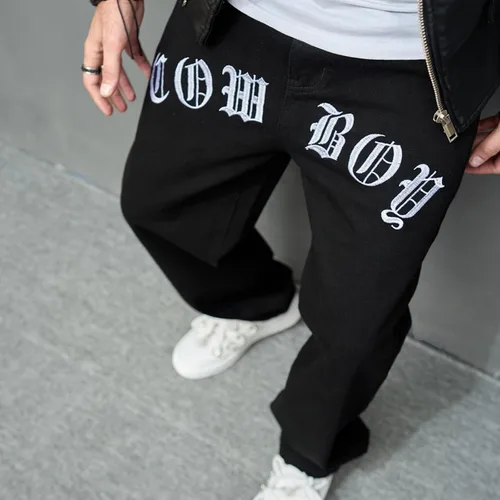 Vista 4 de FOMOYUU Pantalones vaqueros de moda para hombre, pantalones de skate con letras bordadas, pantalones holgados de hip hop, pantalones de mezclilla